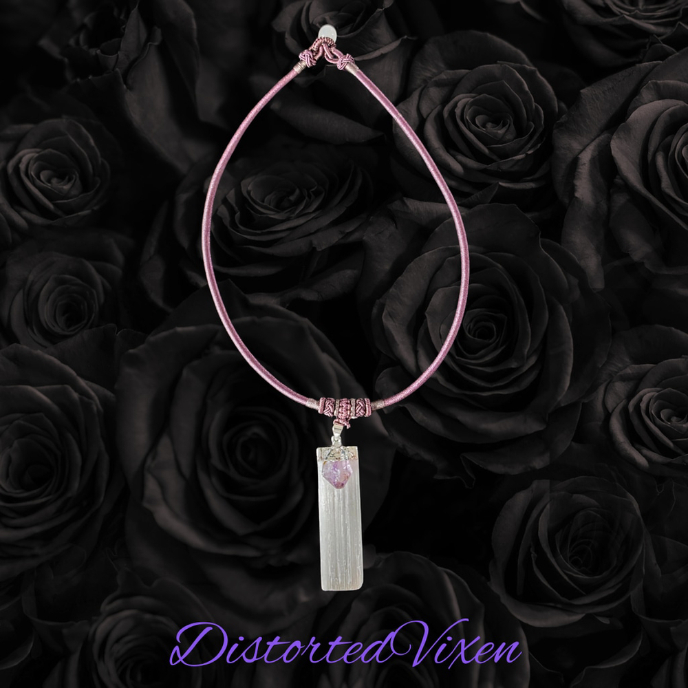 Amethyst & Selenite Necklace | Mauve Cord Choker | Crystal Healing Jewelry